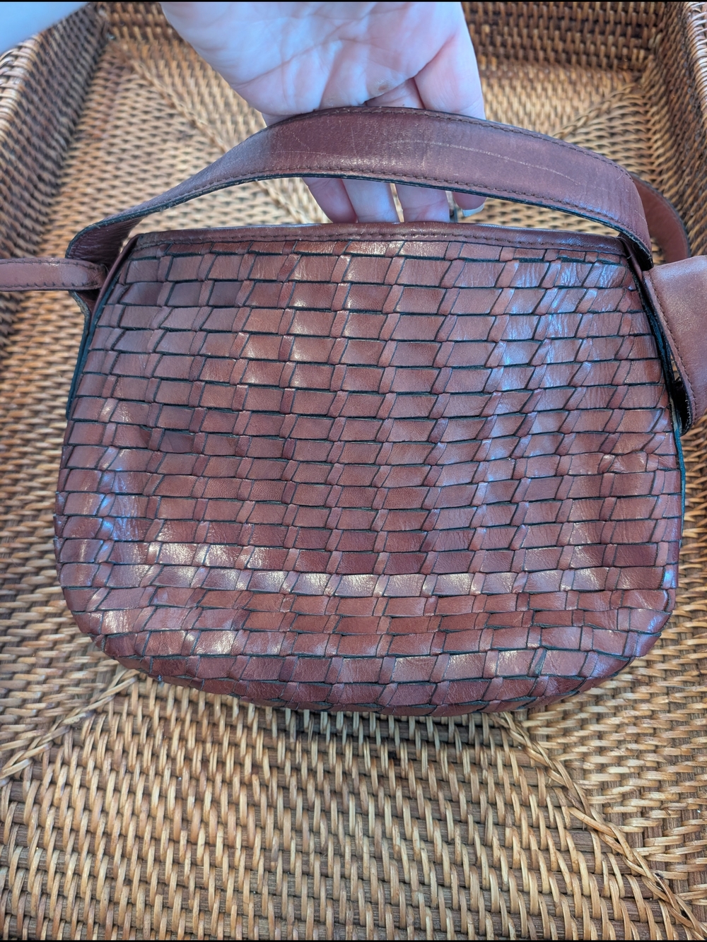 Fossil Brown Leather Woven Crossbody Purse.